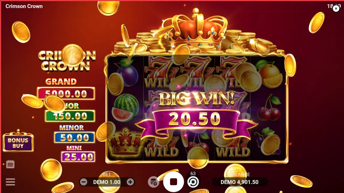 Tampilan visual slot Crimson Crown dengan tema buah dan mahkota emas yang mewah.
